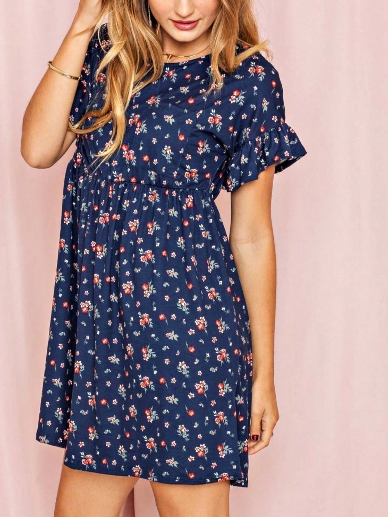 Vintage Navy Pink Yellow White Charcoal Floral Ruffle Trim Midi Dress | S-3X