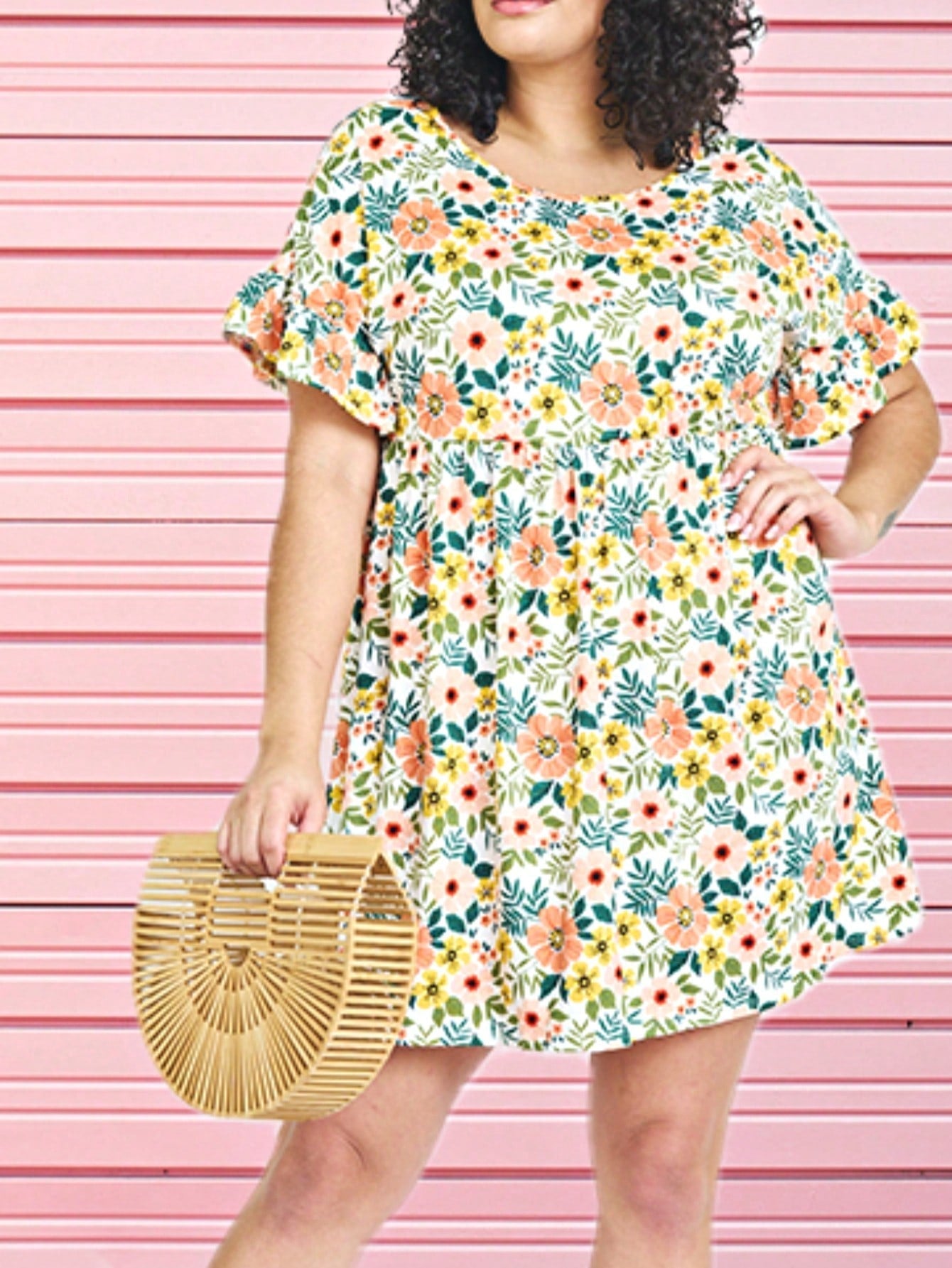 Vintage Navy Pink Yellow White Charcoal Floral Ruffle Trim Midi Dress | S-3X
