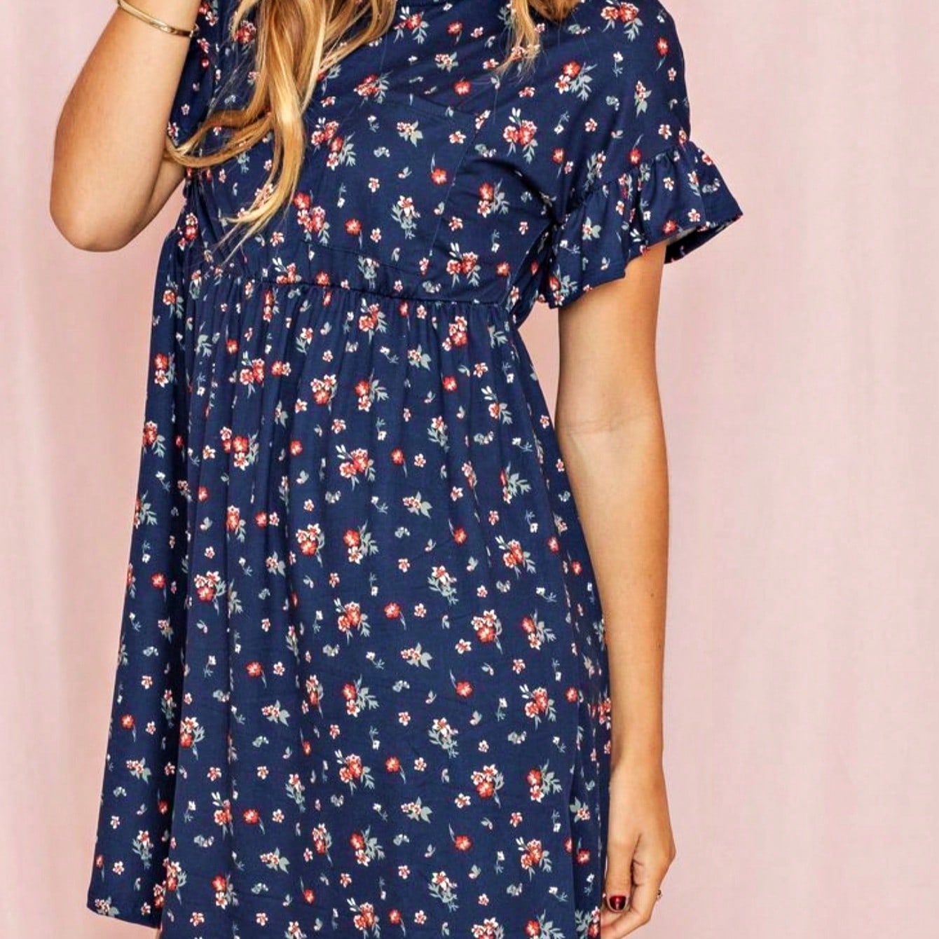 Vintage Navy Pink Yellow White Charcoal Floral Ruffle Trim Midi Dress | S-3X