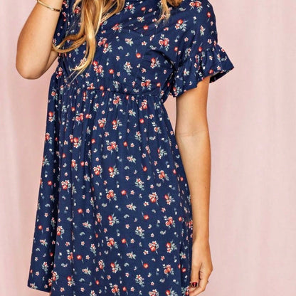 Vintage Navy Pink Yellow White Charcoal Floral Ruffle Trim Midi Dress | S-3X
