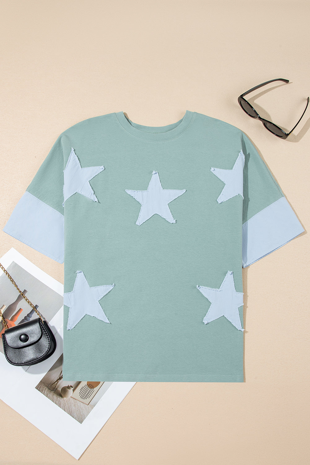 Threaded Pear Etta Frayed Denim Star Patched Oversize Top