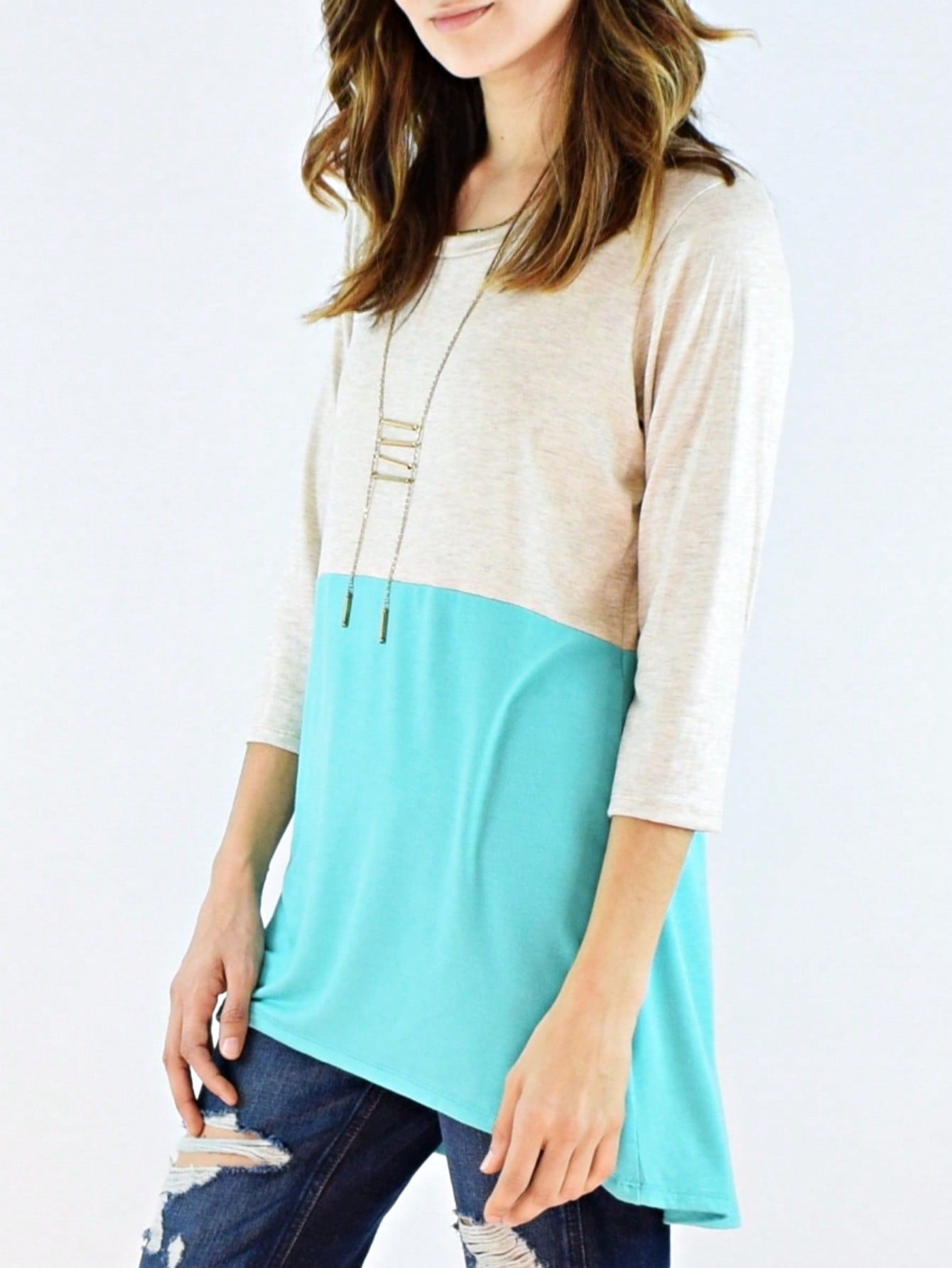 Black White Pink Mint Color Block 3/4 Sleeve Top Shirt Blouse | S-3X