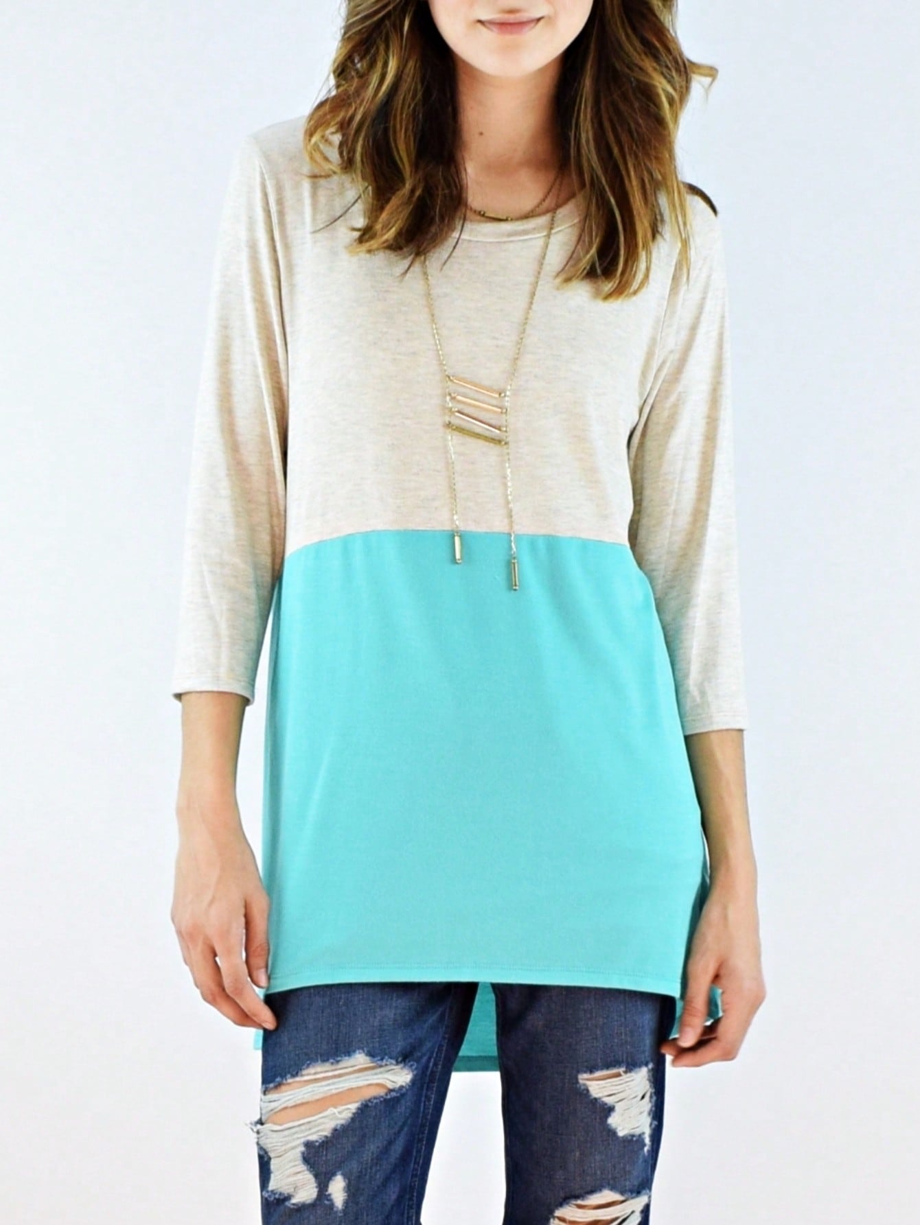 Black White Pink Mint Color Block 3/4 Sleeve Top Shirt Blouse | S-3X