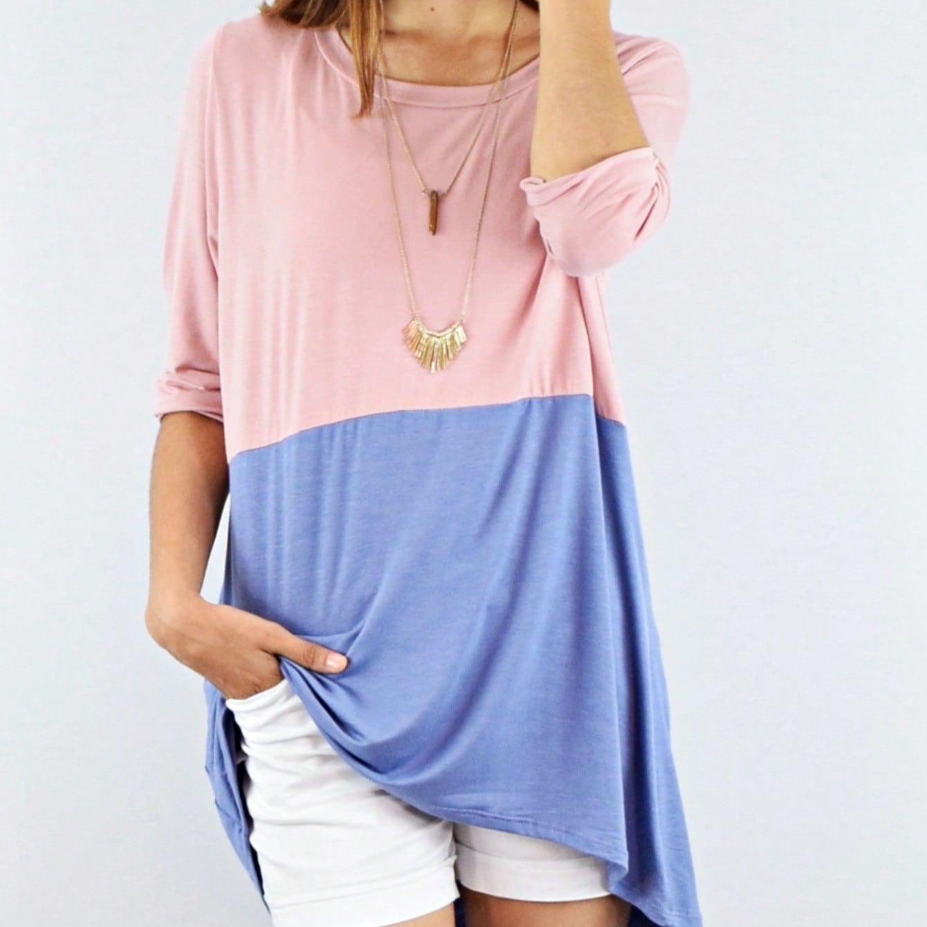 Black White Pink Mint Color Block 3/4 Sleeve Top Shirt Blouse | S-3X
