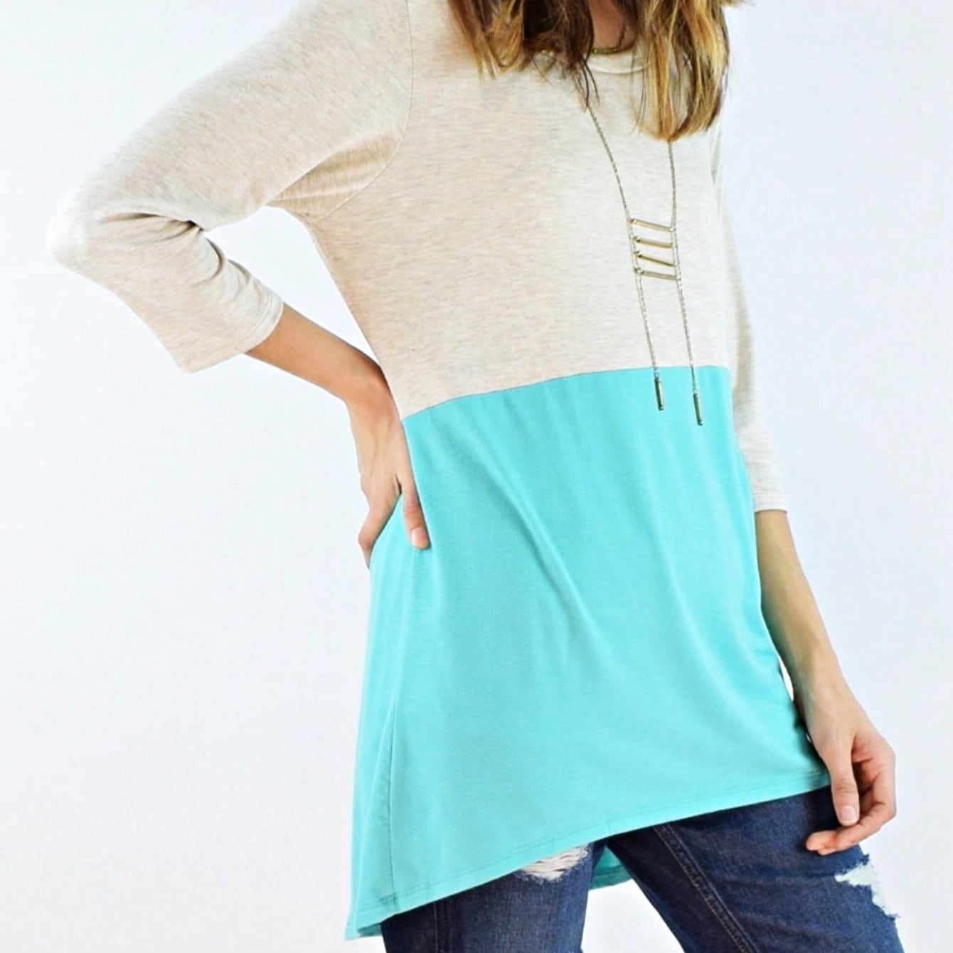 Black White Pink Mint Color Block 3/4 Sleeve Top Shirt Blouse | S-3X