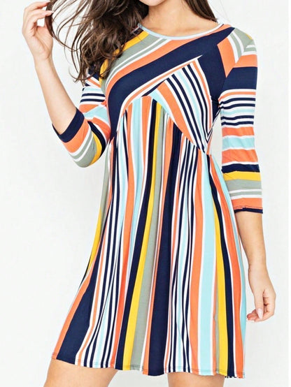 Orange & Navy Mint Multi Stripe Cross Front Knit Mini Dress | S-3X