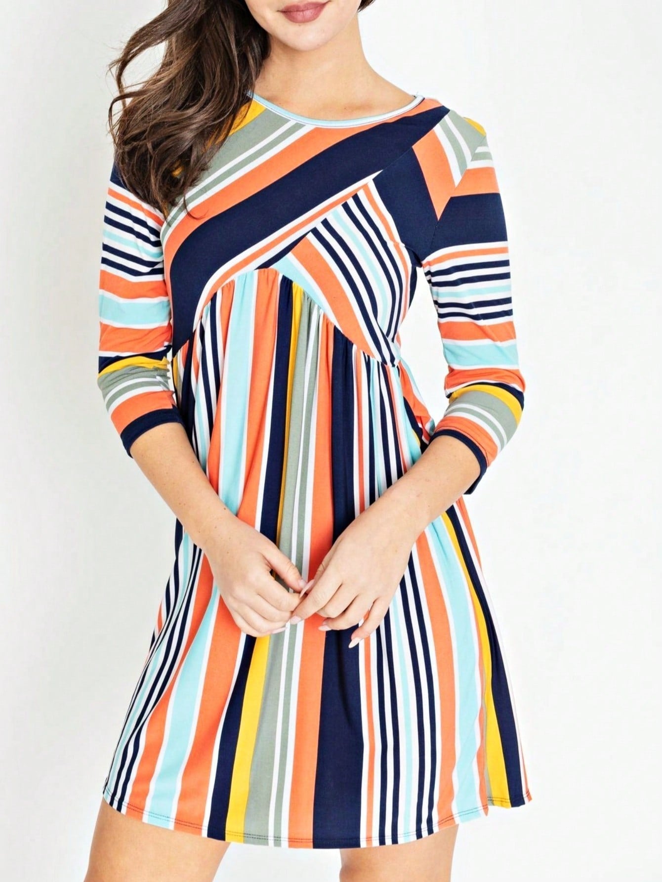 Orange & Navy Mint Multi Stripe Cross Front Knit Mini Dress | S-3X