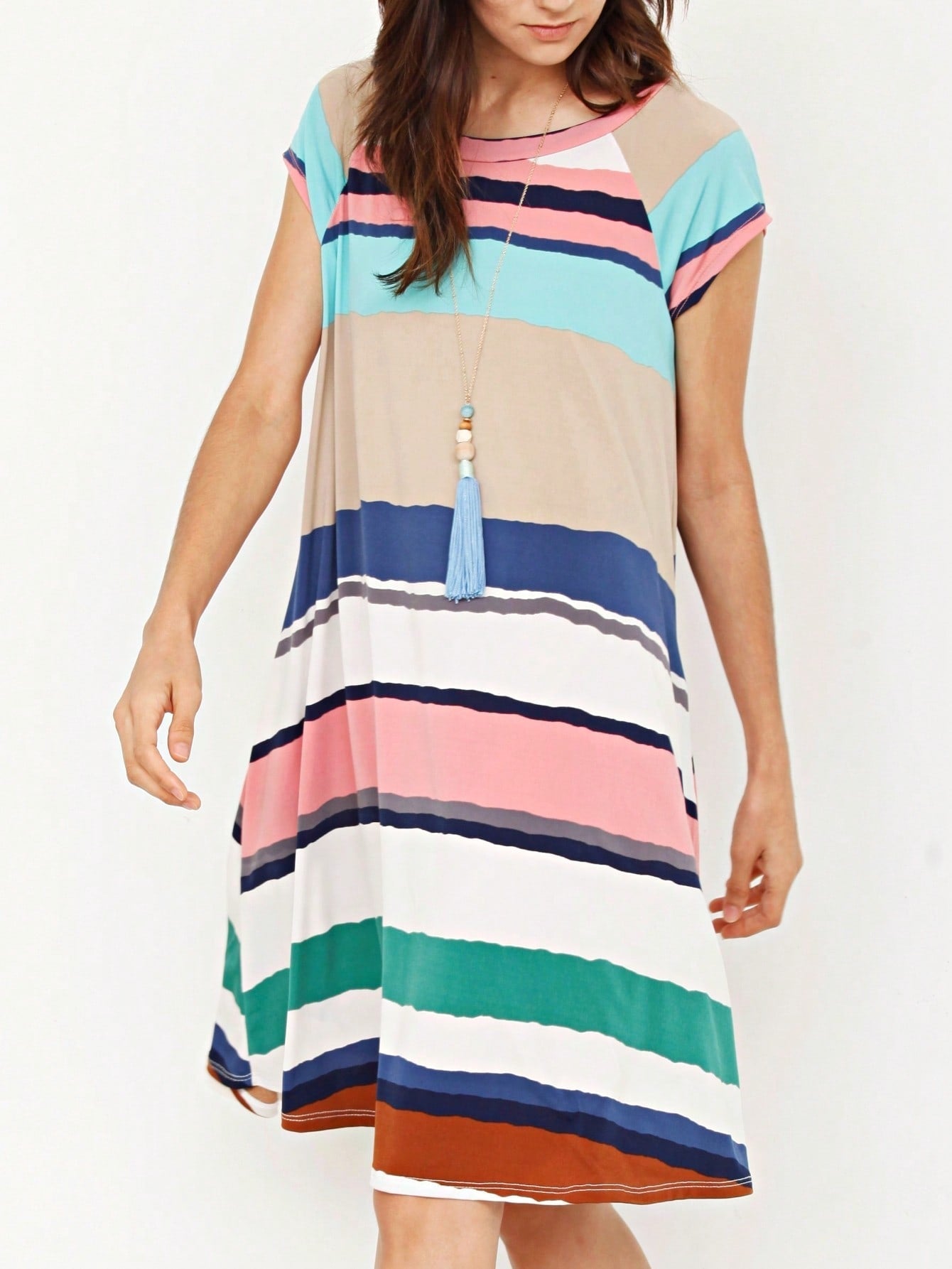 Boho Retro Stripe Pink Tassel Rayon Cool Smooth Soft Tunic Dress Top Shirt Blouse