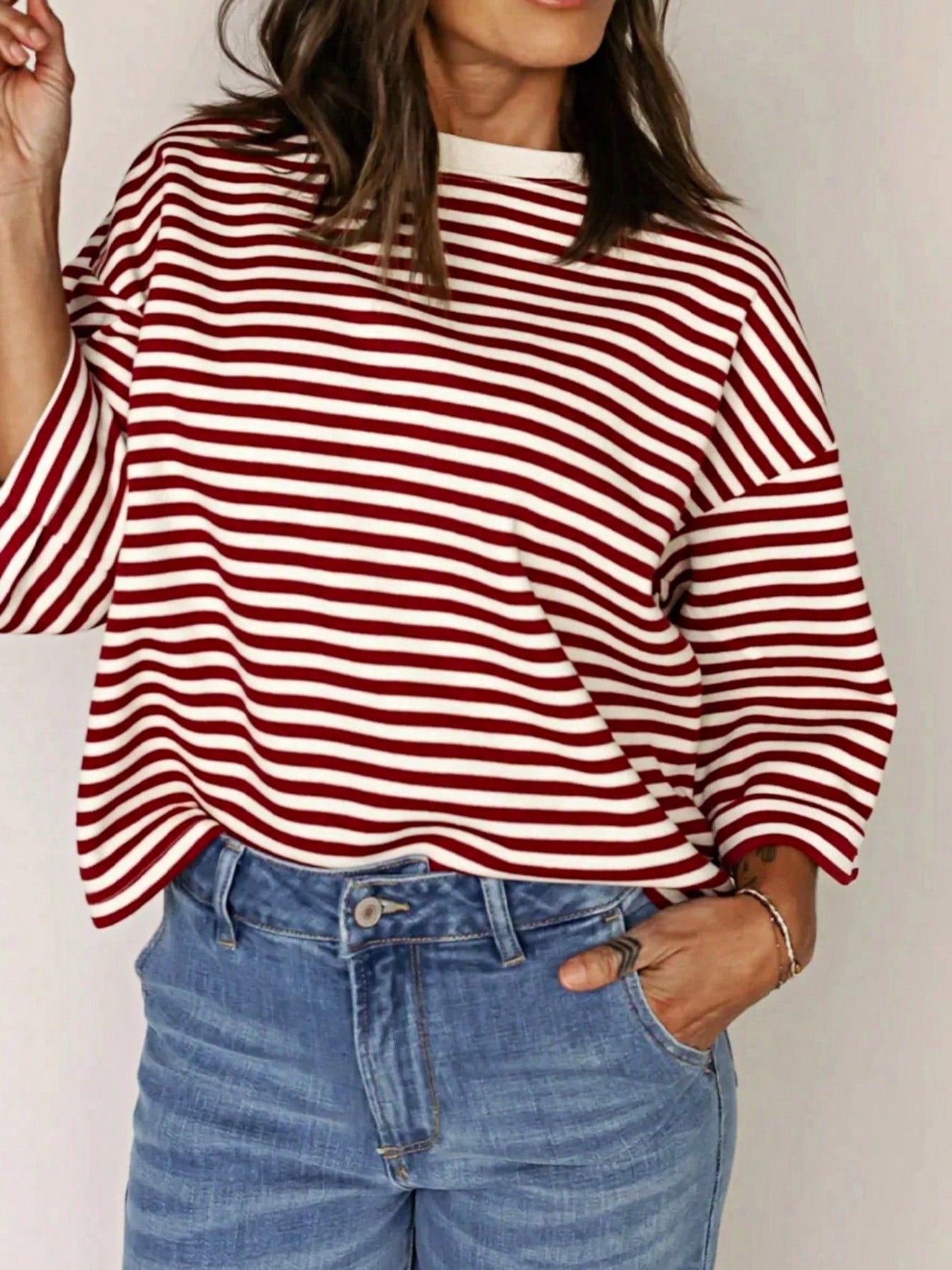 Boho Retro 90's Cotton Mix  Drop Shoulder Stripe Raglan Oversized Side Slit Dolman Shirt Top  Sweatshirt Pullover