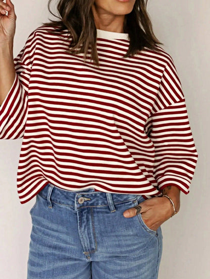 Boho Retro 90's Cotton Mix  Drop Shoulder Stripe Raglan Oversized Side Slit Dolman Shirt Top  Sweatshirt Pullover