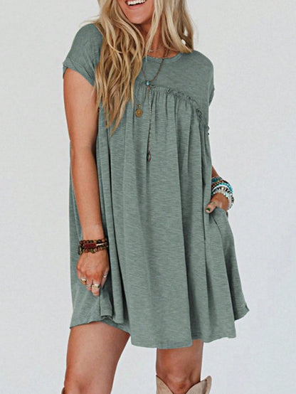 Boho Retro Sage Green  Solid Frilled Seam Round Neck T Shirt Elegant Classic  Shirred Ruffle Puff Versatile  Mini Dress For Women