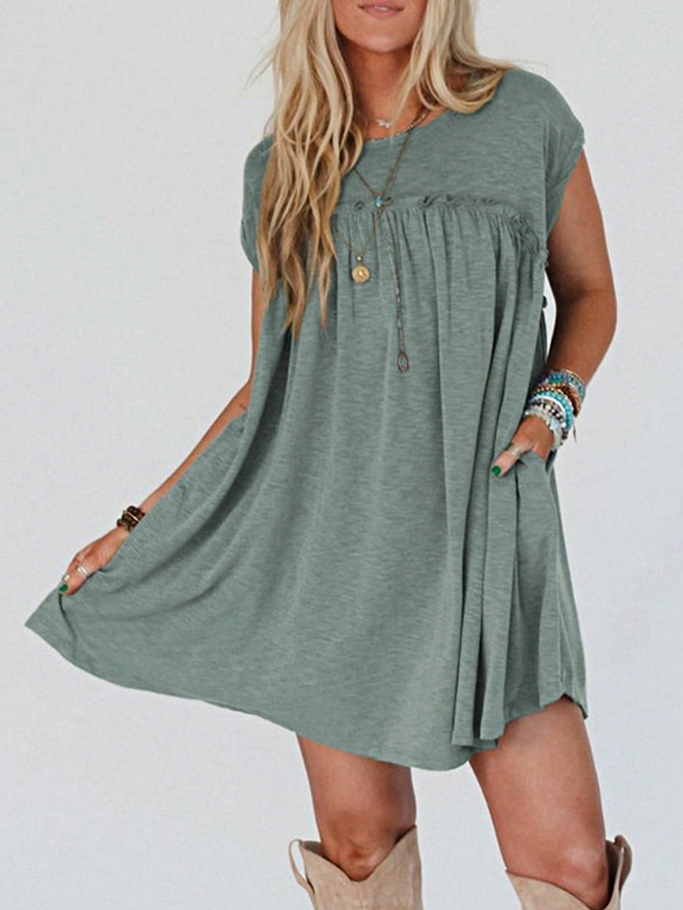Boho Retro Sage Green  Solid Frilled Seam Round Neck T Shirt Elegant Classic  Shirred Ruffle Puff Versatile  Mini Dress For Women