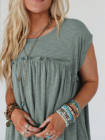 Boho Retro Sage Green  Solid Frilled Seam Round Neck T Shirt Elegant Classic  Shirred Ruffle Puff Versatile  Mini Dress For Women