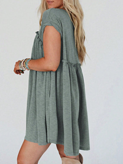 Boho Retro Sage Green  Solid Frilled Seam Round Neck T Shirt Elegant Classic  Shirred Ruffle Puff Versatile  Mini Dress For Women