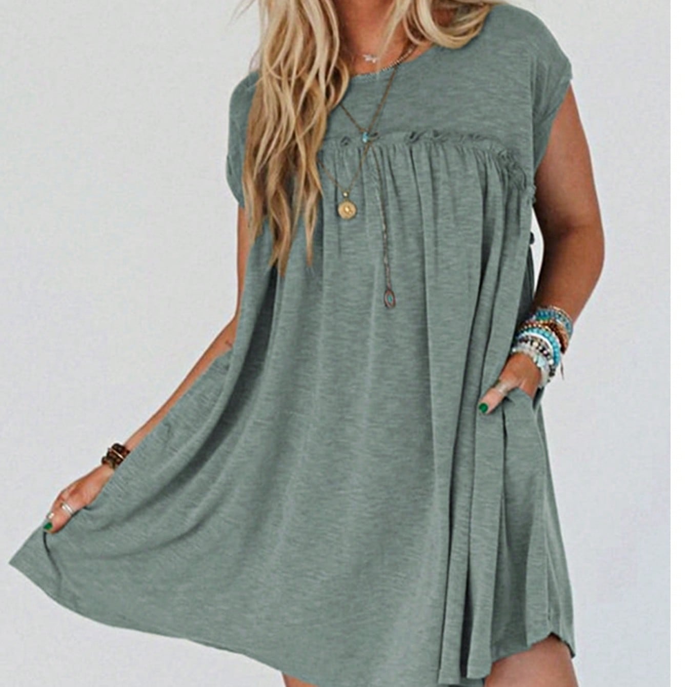 Boho Retro Sage Green  Solid Frilled Seam Round Neck T Shirt Elegant Classic  Shirred Ruffle Puff Versatile  Mini Dress For Women