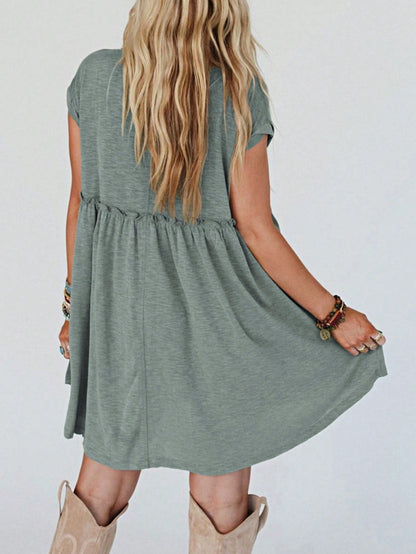 Boho Retro Sage Green  Solid Frilled Seam Round Neck T Shirt Elegant Classic  Shirred Ruffle Puff Versatile  Mini Dress For Women