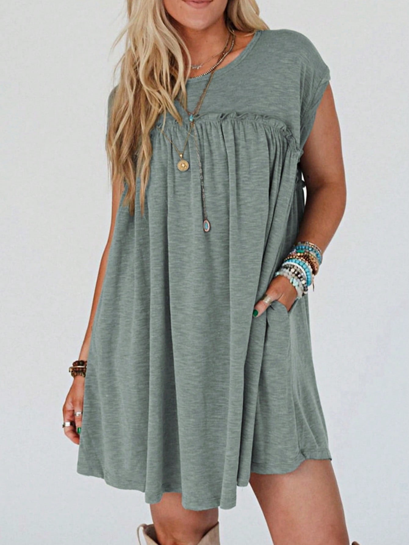 Boho Retro Sage Green  Solid Frilled Seam Round Neck T Shirt Elegant Classic  Shirred Ruffle Puff Versatile  Mini Dress For Women