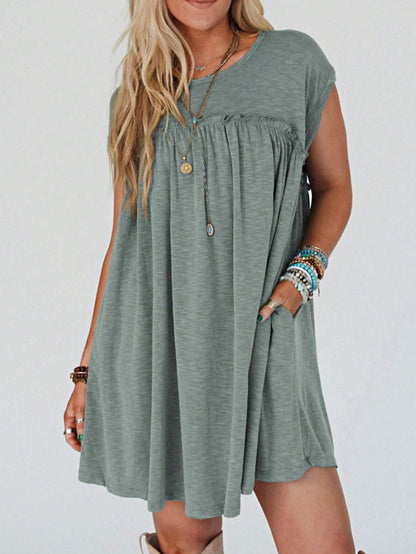 Boho Retro Sage Green  Solid Frilled Seam Round Neck T Shirt Elegant Classic  Shirred Ruffle Puff Versatile  Mini Dress For Women