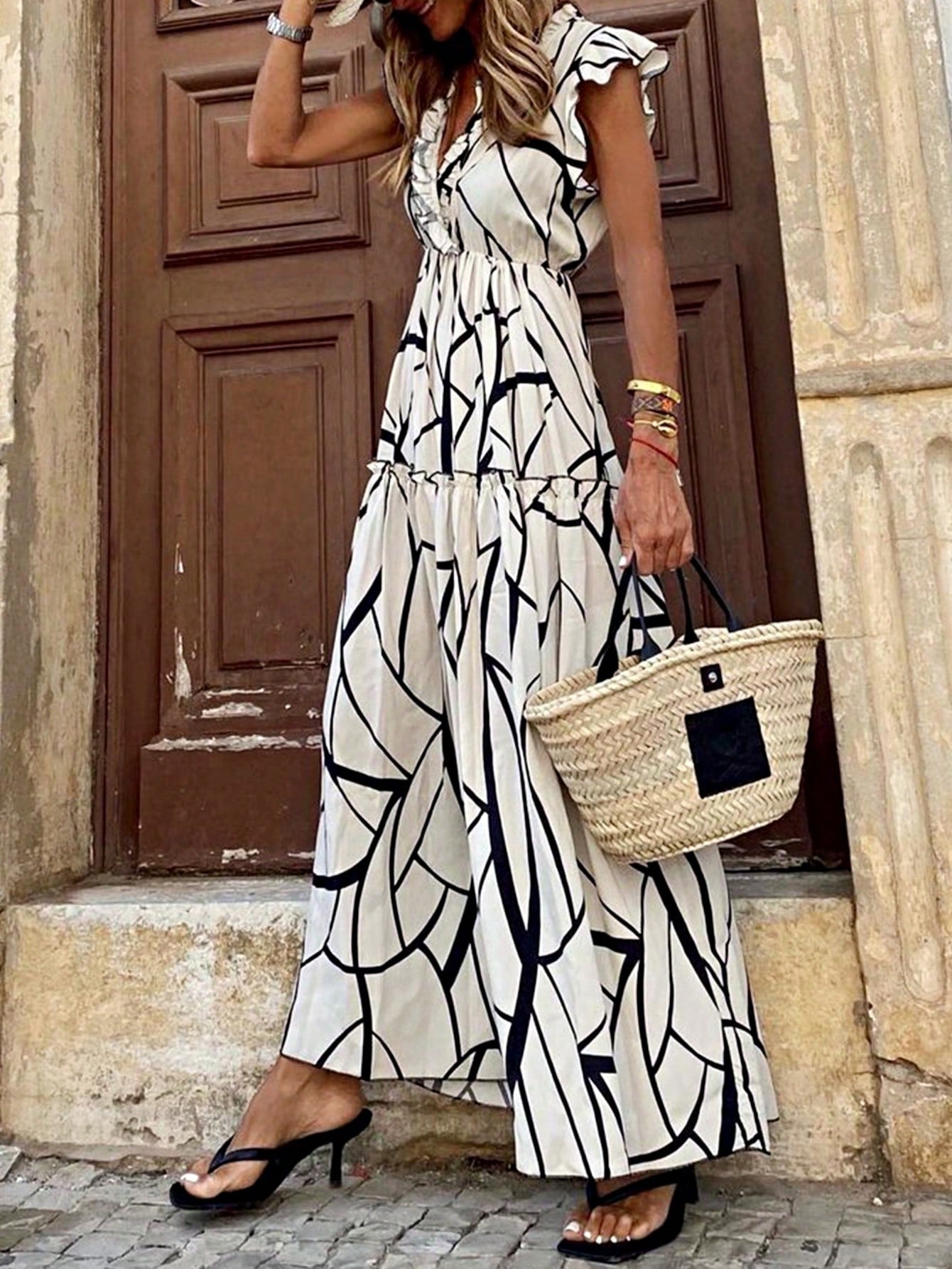 Boho Vacation Geo Smocked Black Pink Wavy Trimmed Tiered Maxi Long Dress V Neck Versatile Summer Dress For Women