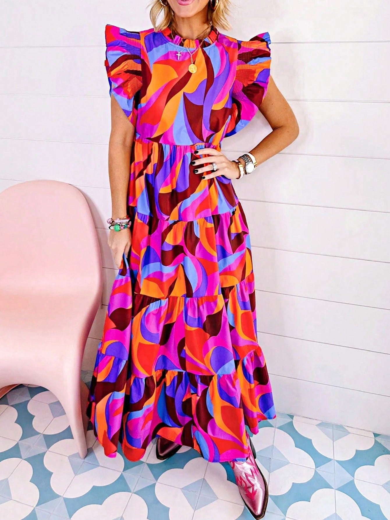 Boho Vacation Geo Smocked Black Pink Wavy Trimmed Tiered Maxi Long Dress V Neck Versatile Summer Dress For Women