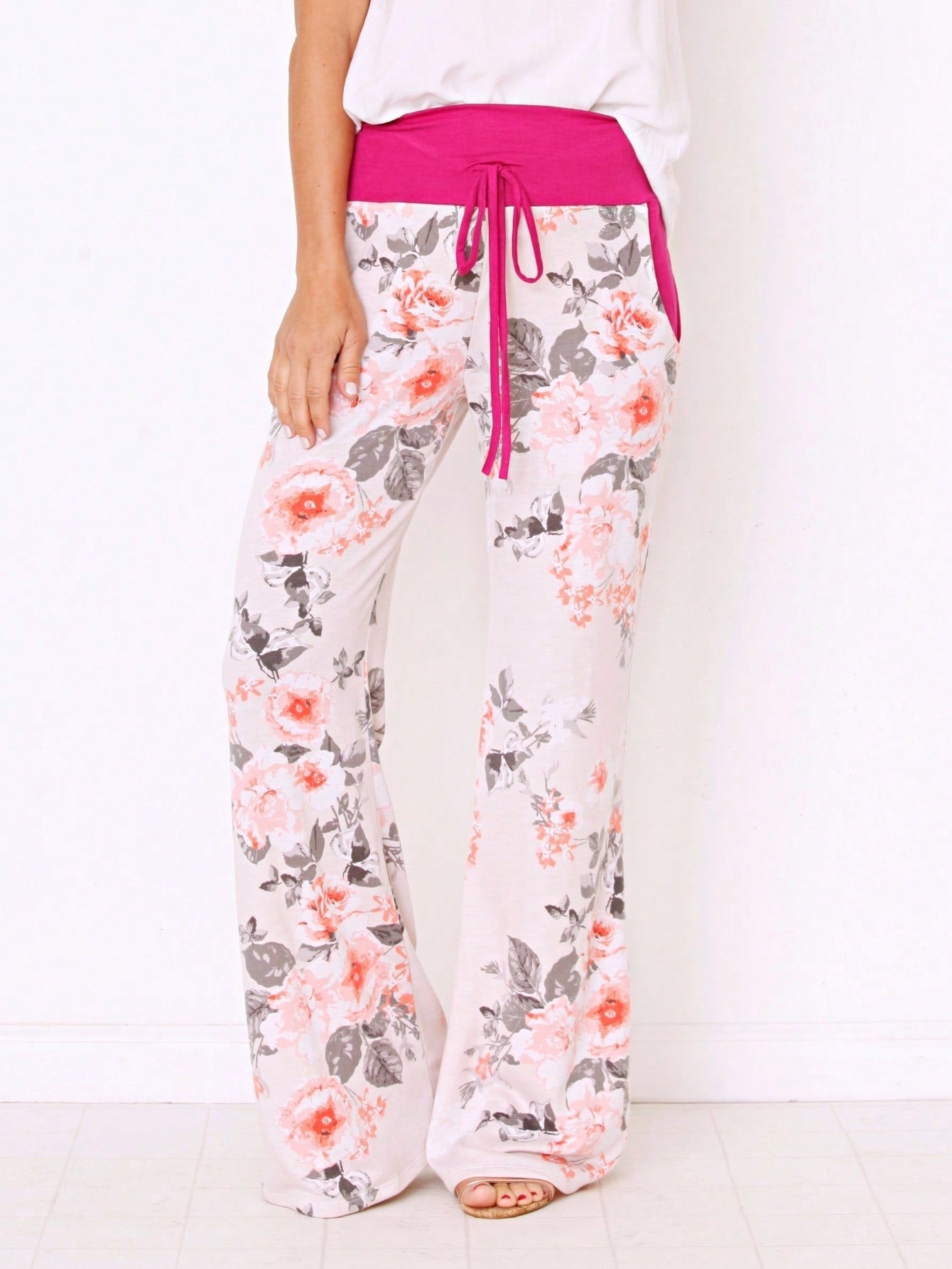 Floral Drawstring Fold Over Band Wide Leg Lounge Pants