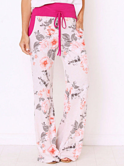 Floral Drawstring Fold Over Band Wide Leg Lounge Pants