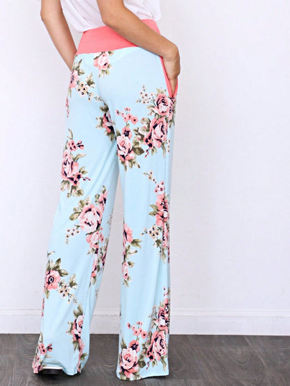 Floral Drawstring Fold Over Band Wide Leg Lounge Pants