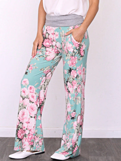 Floral Drawstring Fold Over Band Wide Leg Lounge Pants