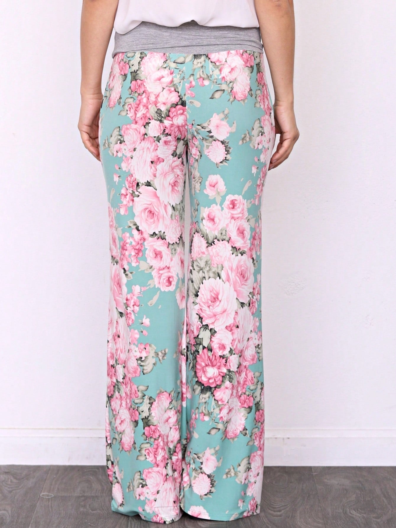 Floral Drawstring Fold Over Band Wide Leg Lounge Pants