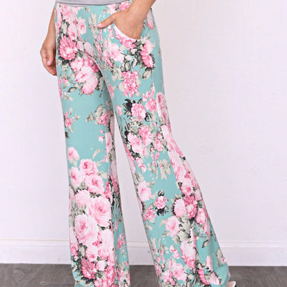 Floral Drawstring Fold Over Band Wide Leg Lounge Pants