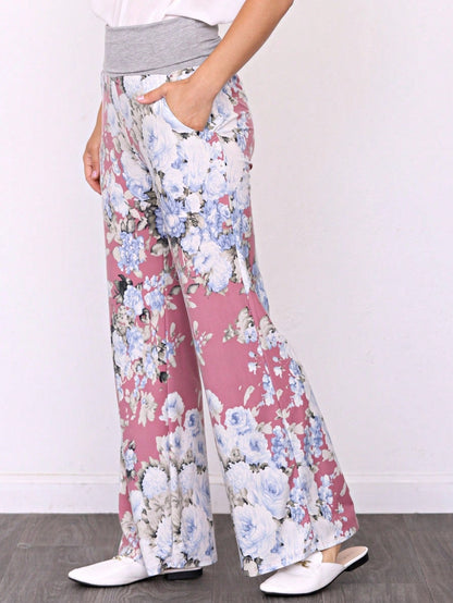 Floral Drawstring Fold Over Band Wide Leg Lounge Pants