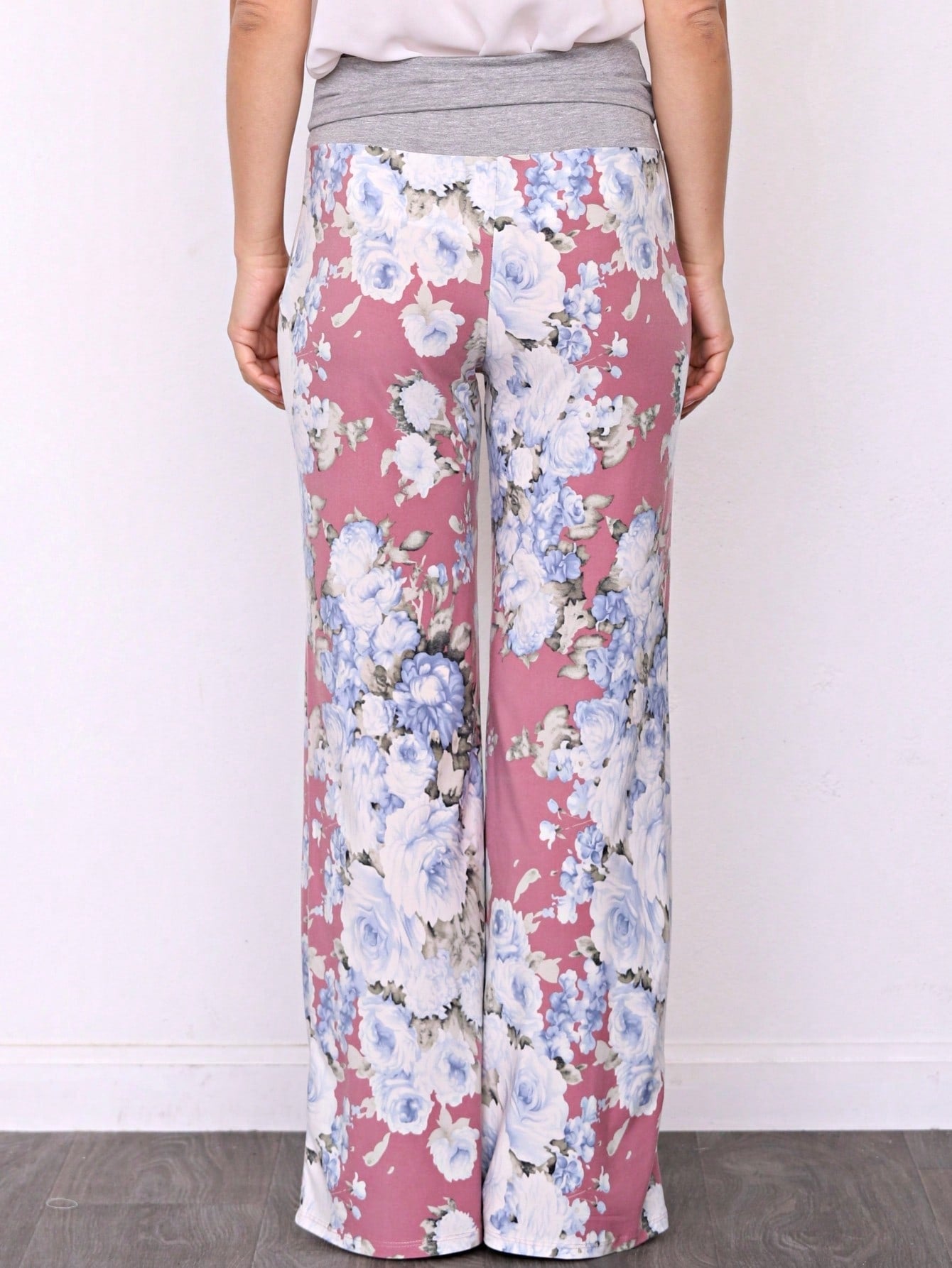 Floral Drawstring Fold Over Band Wide Leg Lounge Pants