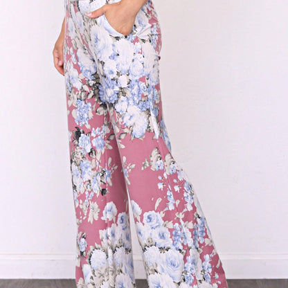 Floral Drawstring Fold Over Band Wide Leg Lounge Pants