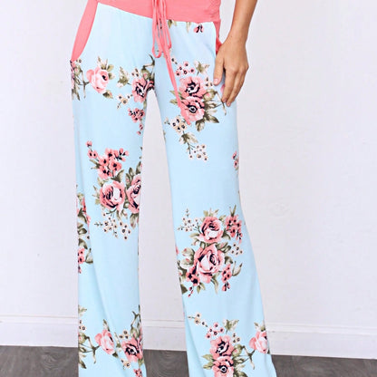 Floral Drawstring Fold Over Band Wide Leg Lounge Pants