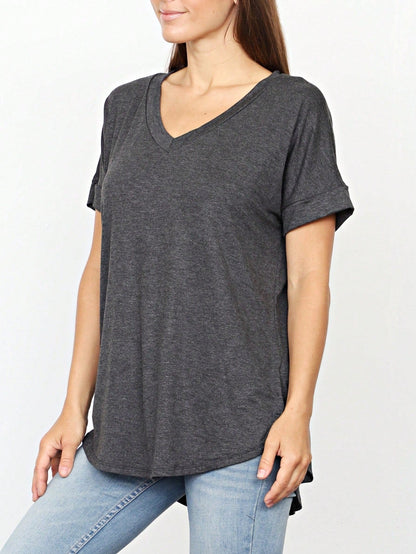 Summer Cool Every Day Soft Cuff Short Sleeve V Neck High And Low Top T Shirt Tunic For Leggings And Shorts |  Small -3 XL