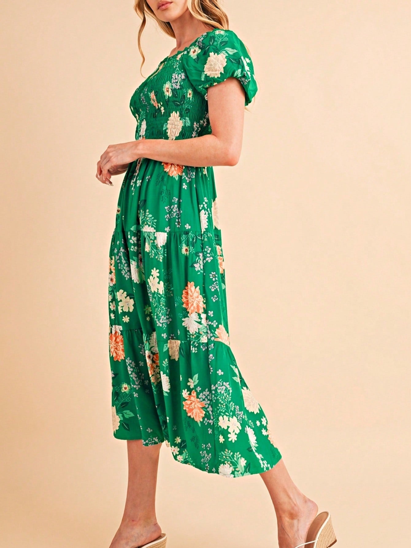 Boho Retro  Viscose Y2K Tiered Puff Sleeve Green Floral Classic Smocked Midi Dress