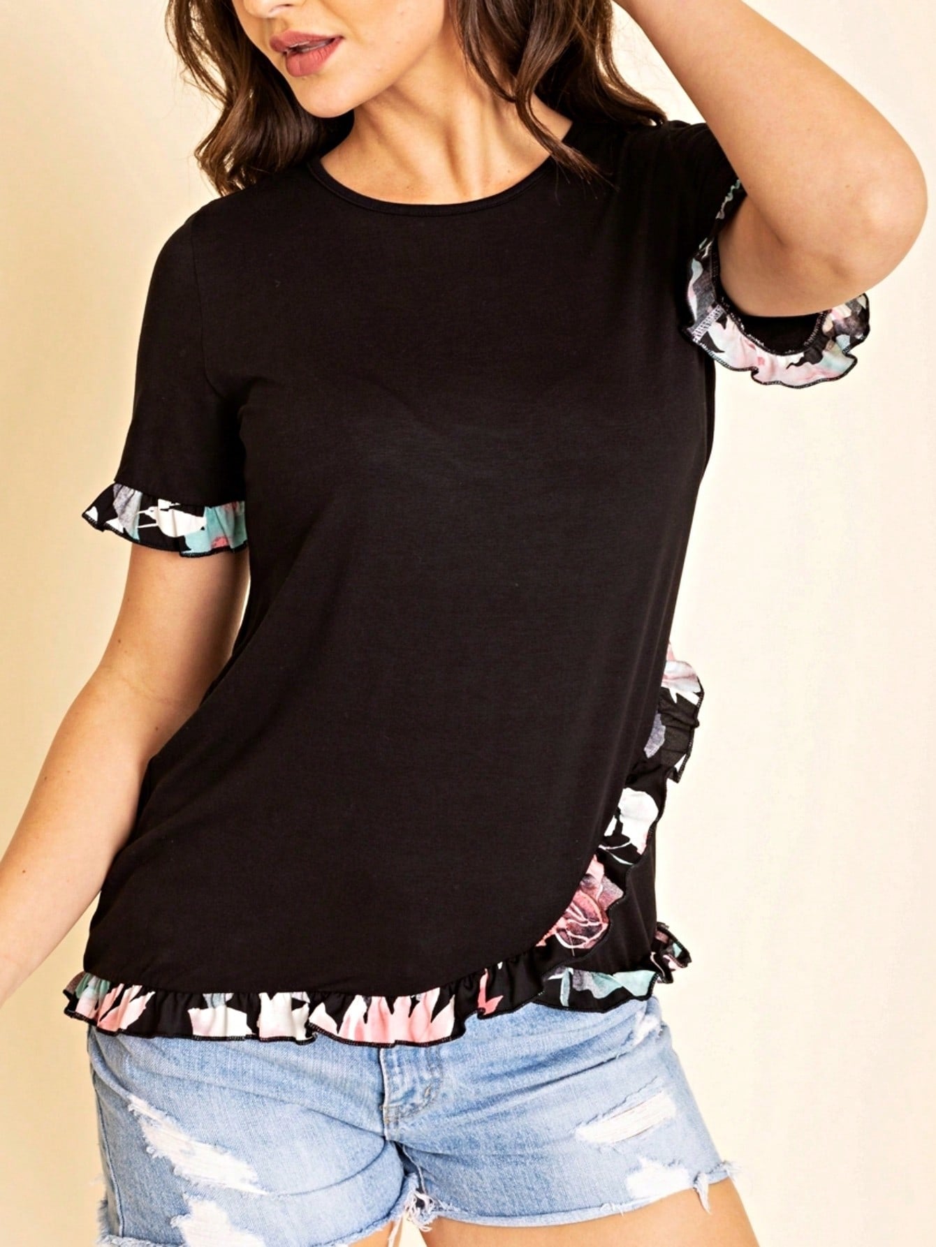 Summer Cool Rayon Boho Retro Vintage Short Sleeve Tiered Tulip Hem Black Grey White Tunic Top Shirt Only