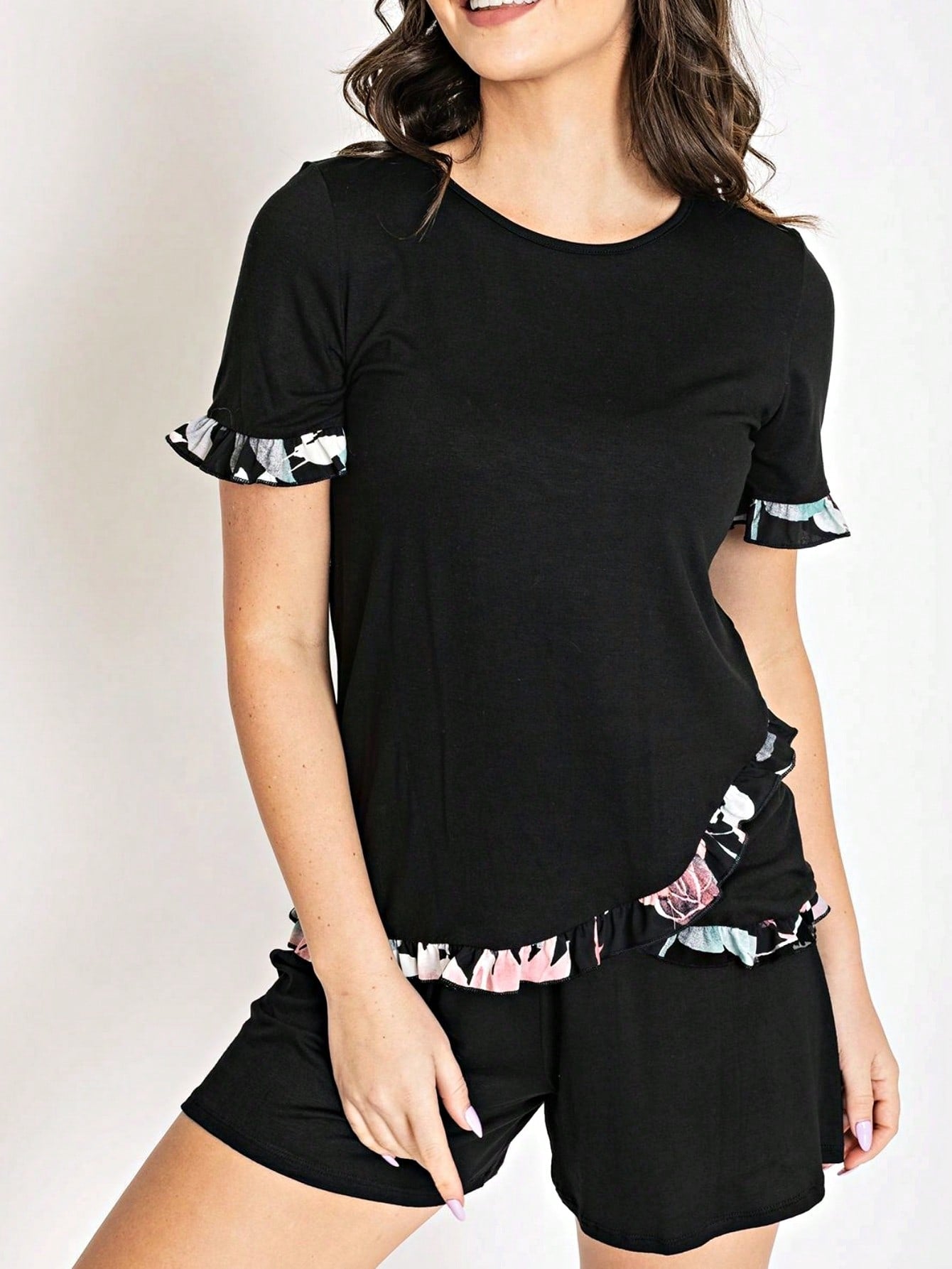 Summer Cool Rayon Boho Retro Vintage Short Sleeve Tiered Tulip Hem Black Grey White Tunic Top Shirt Only