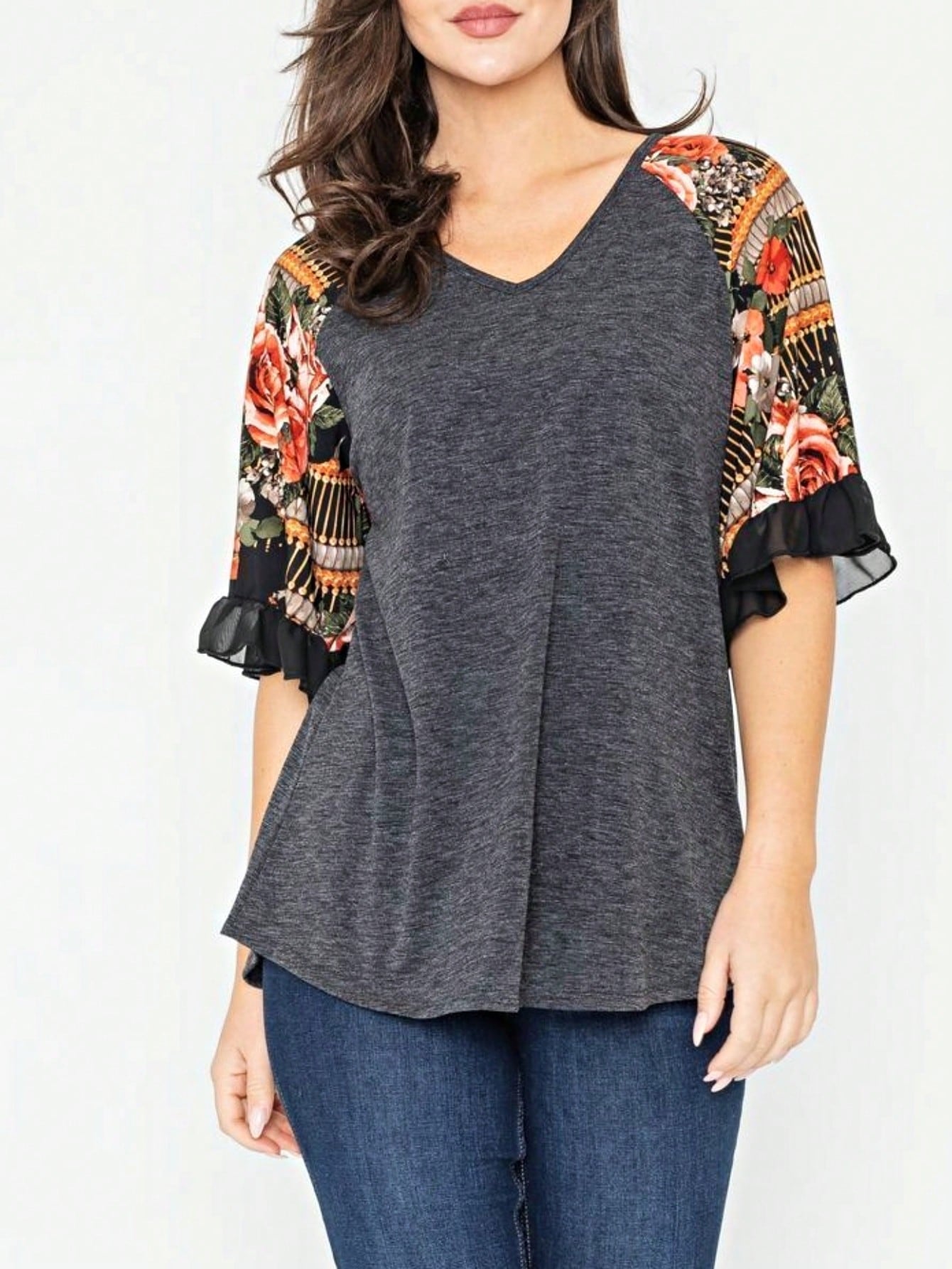 Summer Spring Bell  Boho Vintage Paisley Floral Vine Raglan Sleeve Ruffle Tiered Sleeve Top Sweat Shirt Short Sleeve Blouse | Small -3 XL Plus