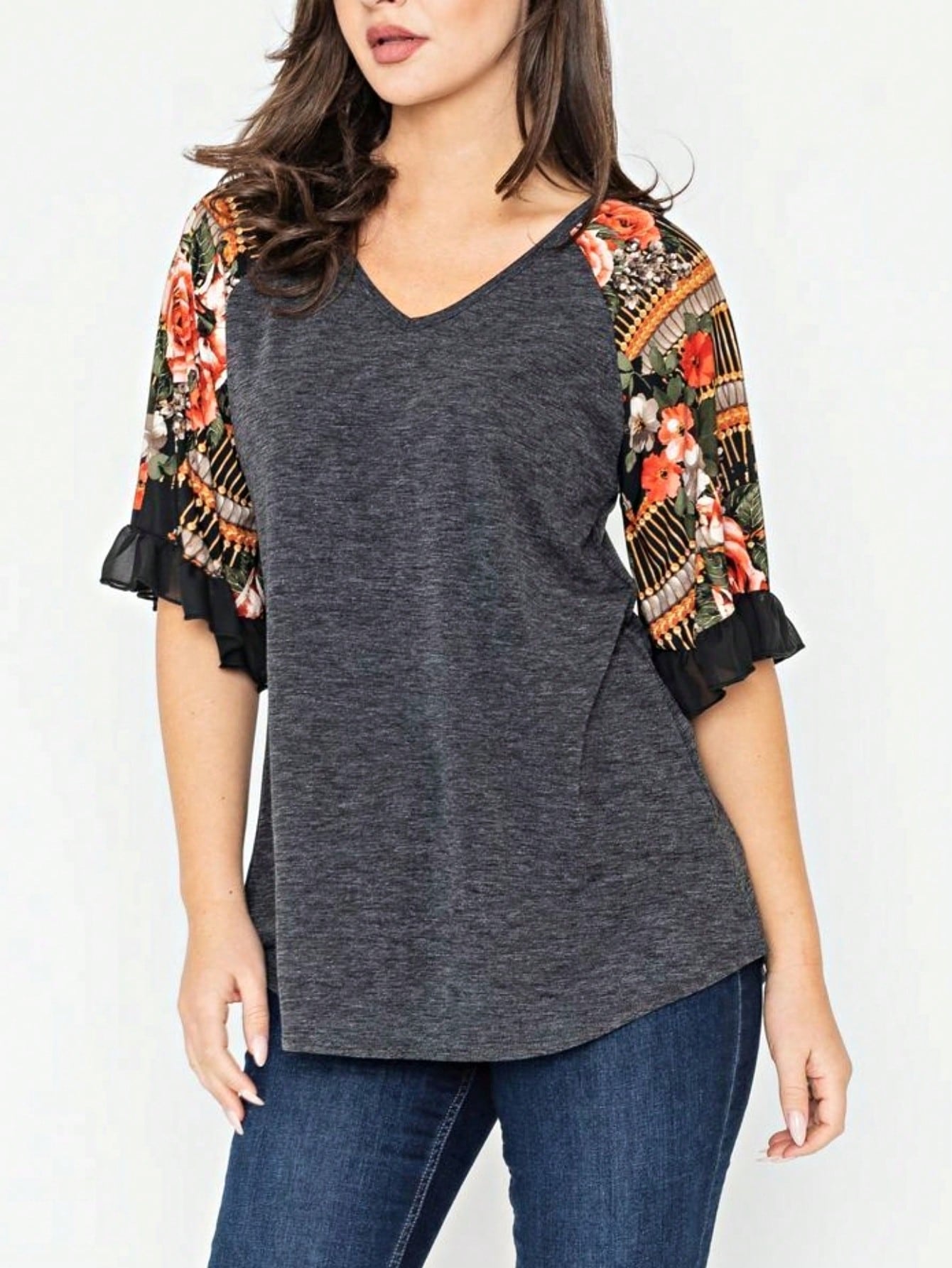 Summer Spring Bell  Boho Vintage Paisley Floral Vine Raglan Sleeve Ruffle Tiered Sleeve Top Sweat Shirt Short Sleeve Blouse | Small -3 XL Plus