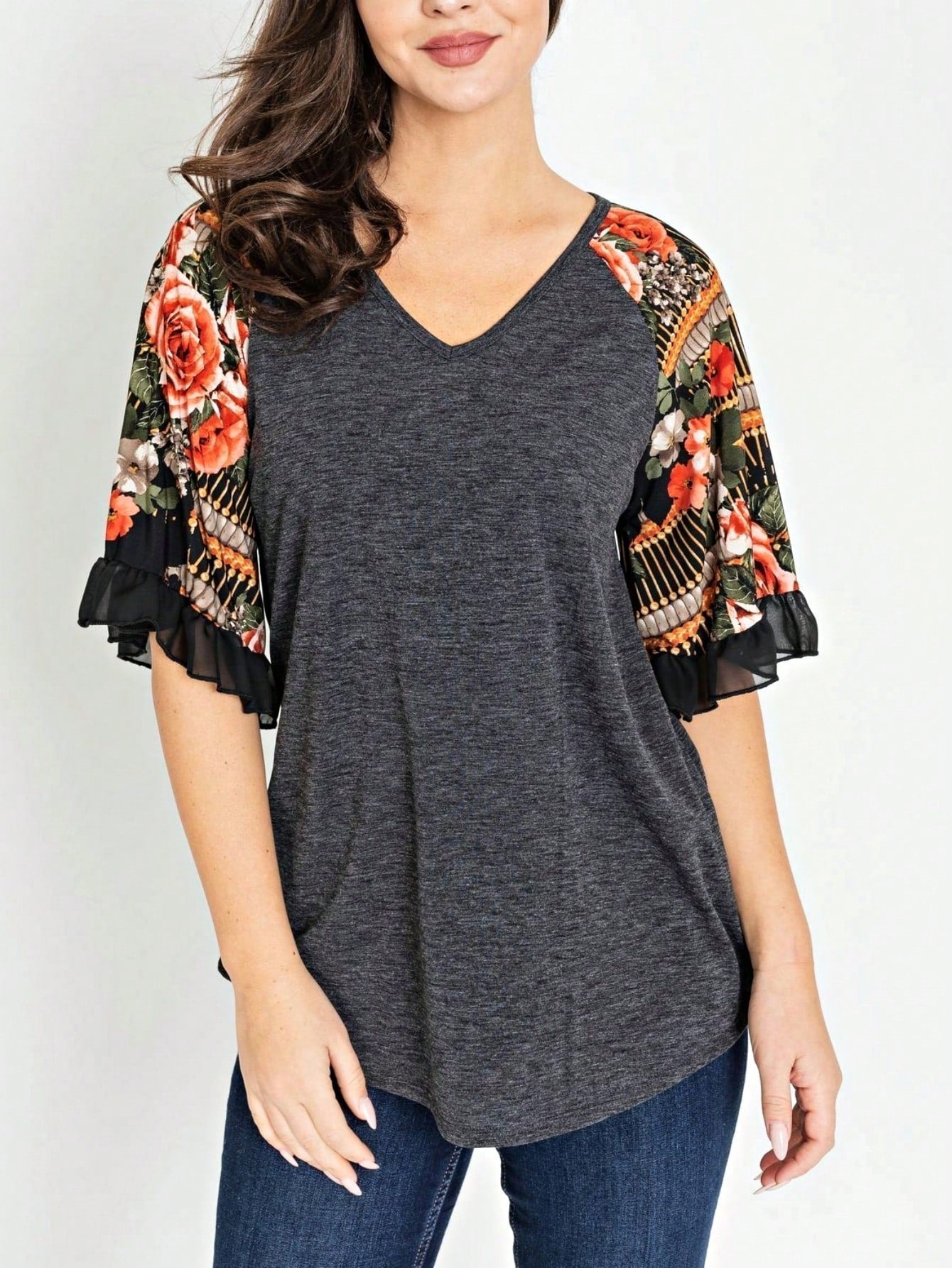 Summer Spring Bell  Boho Vintage Paisley Floral Vine Raglan Sleeve Ruffle Tiered Sleeve Top Sweat Shirt Short Sleeve Blouse | Small -3 XL Plus