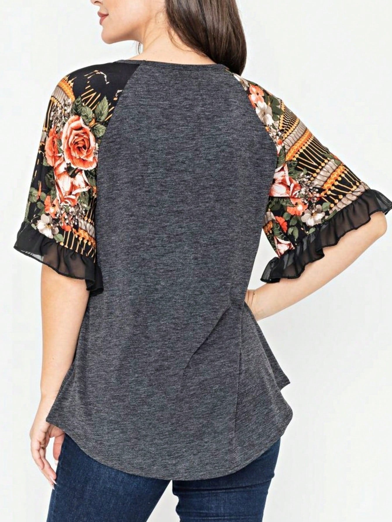Summer Spring Bell  Boho Vintage Paisley Floral Vine Raglan Sleeve Ruffle Tiered Sleeve Top Sweat Shirt Short Sleeve Blouse | Small -3 XL Plus