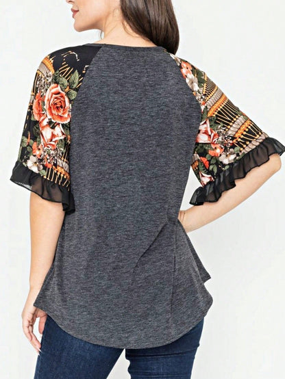 Summer Spring Bell  Boho Vintage Paisley Floral Vine Raglan Sleeve Ruffle Tiered Sleeve Top Sweat Shirt Short Sleeve Blouse | Small -3 XL Plus