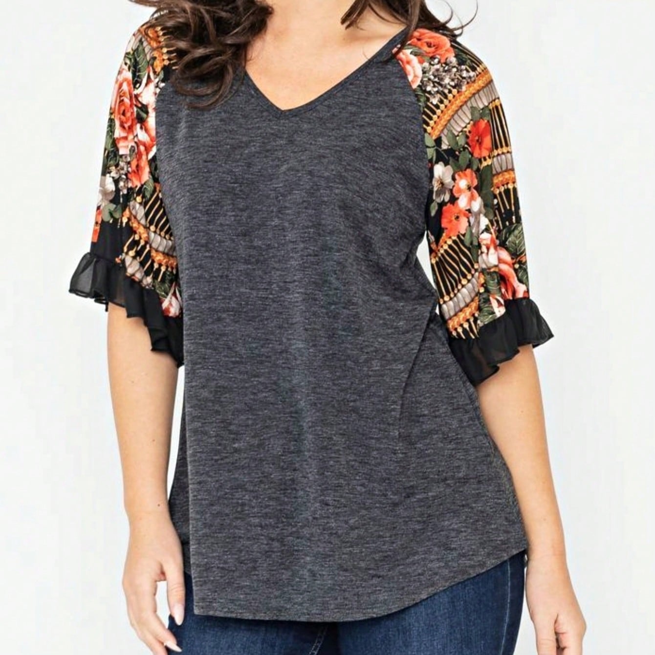 Summer Spring Bell  Boho Vintage Paisley Floral Vine Raglan Sleeve Ruffle Tiered Sleeve Top Sweat Shirt Short Sleeve Blouse | Small -3 XL Plus