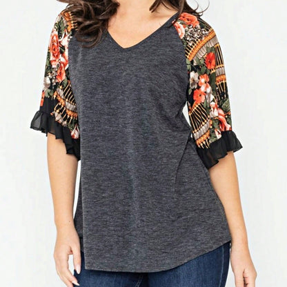 Summer Spring Bell  Boho Vintage Paisley Floral Vine Raglan Sleeve Ruffle Tiered Sleeve Top Sweat Shirt Short Sleeve Blouse | Small -3 XL Plus