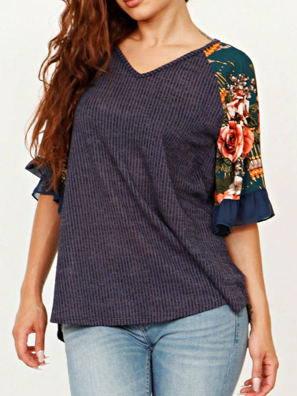 Summer Spring Bell  Boho Vintage Paisley Floral Vine Raglan Sleeve Ruffle Tiered Sleeve Top Sweat Shirt Short Sleeve Blouse | Small -3 XL Plus