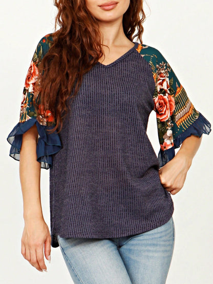 Summer Spring Bell  Boho Vintage Paisley Floral Vine Raglan Sleeve Ruffle Tiered Sleeve Top Sweat Shirt Short Sleeve Blouse | Small -3 XL Plus