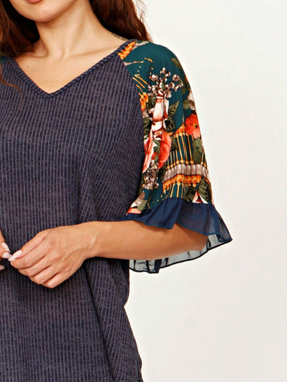 Summer Spring Bell  Boho Vintage Paisley Floral Vine Raglan Sleeve Ruffle Tiered Sleeve Top Sweat Shirt Short Sleeve Blouse | Small -3 XL Plus