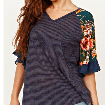 Summer Spring Bell  Boho Vintage Paisley Floral Vine Raglan Sleeve Ruffle Tiered Sleeve Top Sweat Shirt Short Sleeve Blouse | Small -3 XL Plus