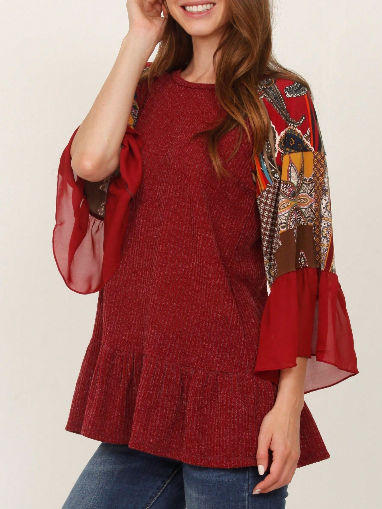 Summer Spring Bell  Boho Vintage Paisley Floral Vine Raglan Sleeve Ruffle Tiered Sleeve Top Sweat Shirt Short Sleeve Blouse | Small -3 XL Plus